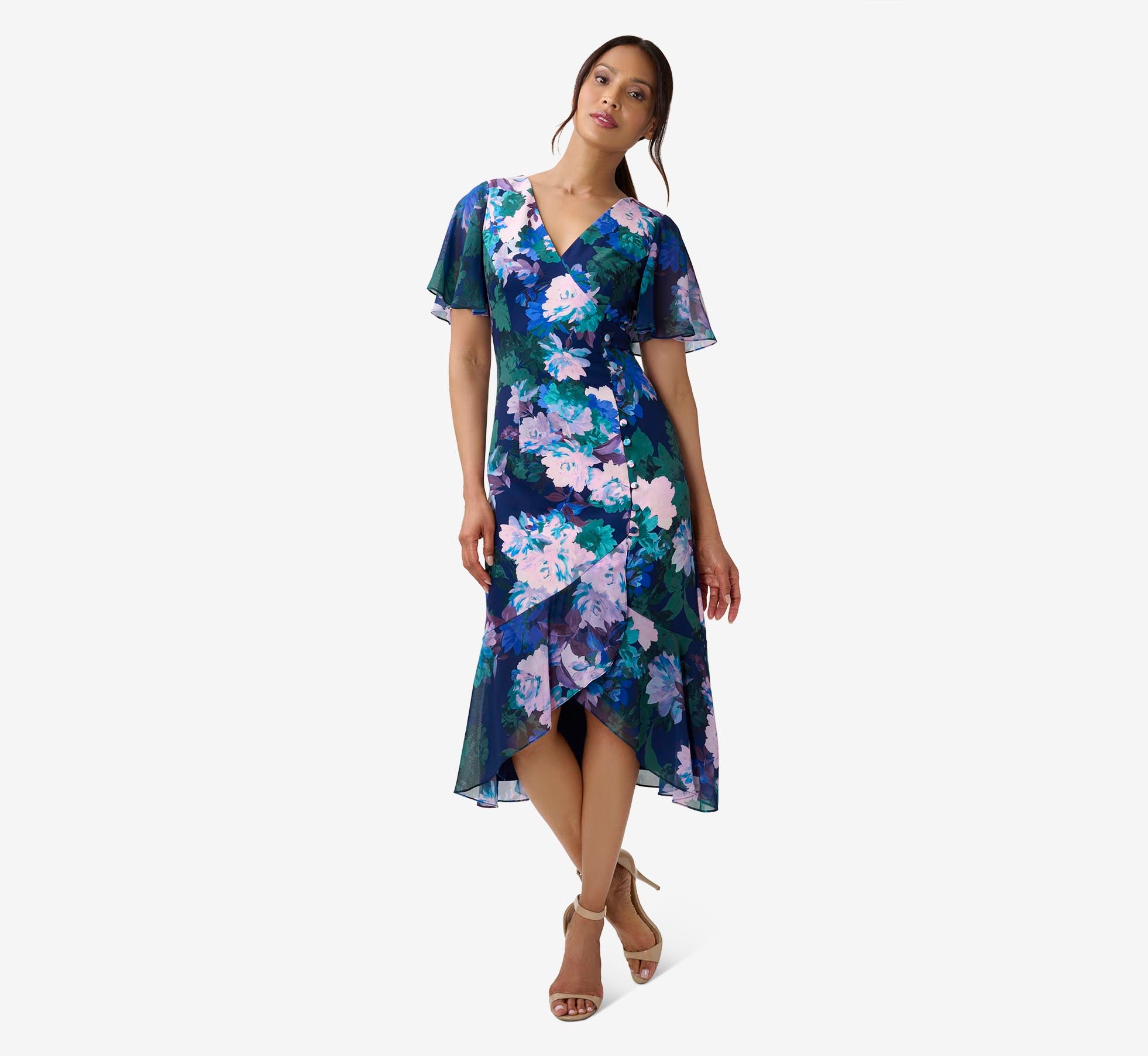 Floral Print Stretch Twill And Chiffon Short Dress With Flounce Hem In