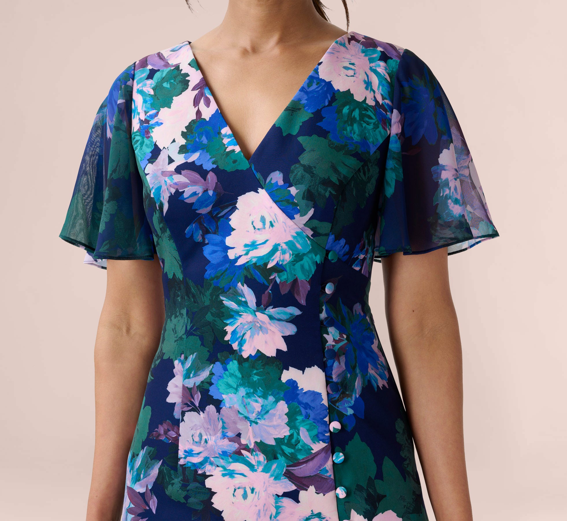 Floral Print Stretch Twill And Chiffon Short Dress With Flounce