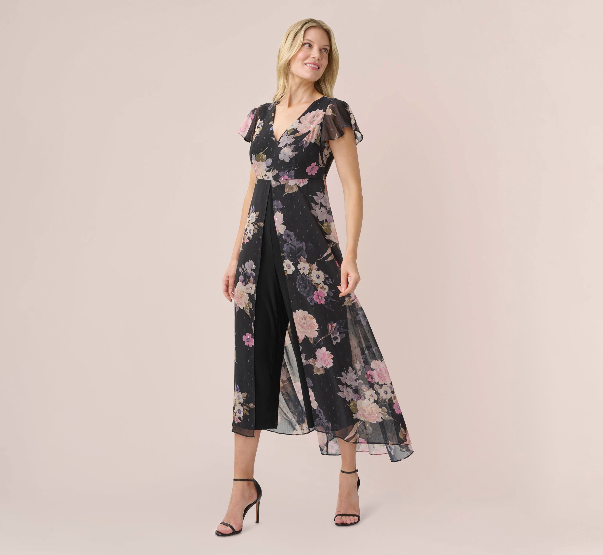 Metallic Floral Print Chiffon And Jersey Cropped Jumpsuit With