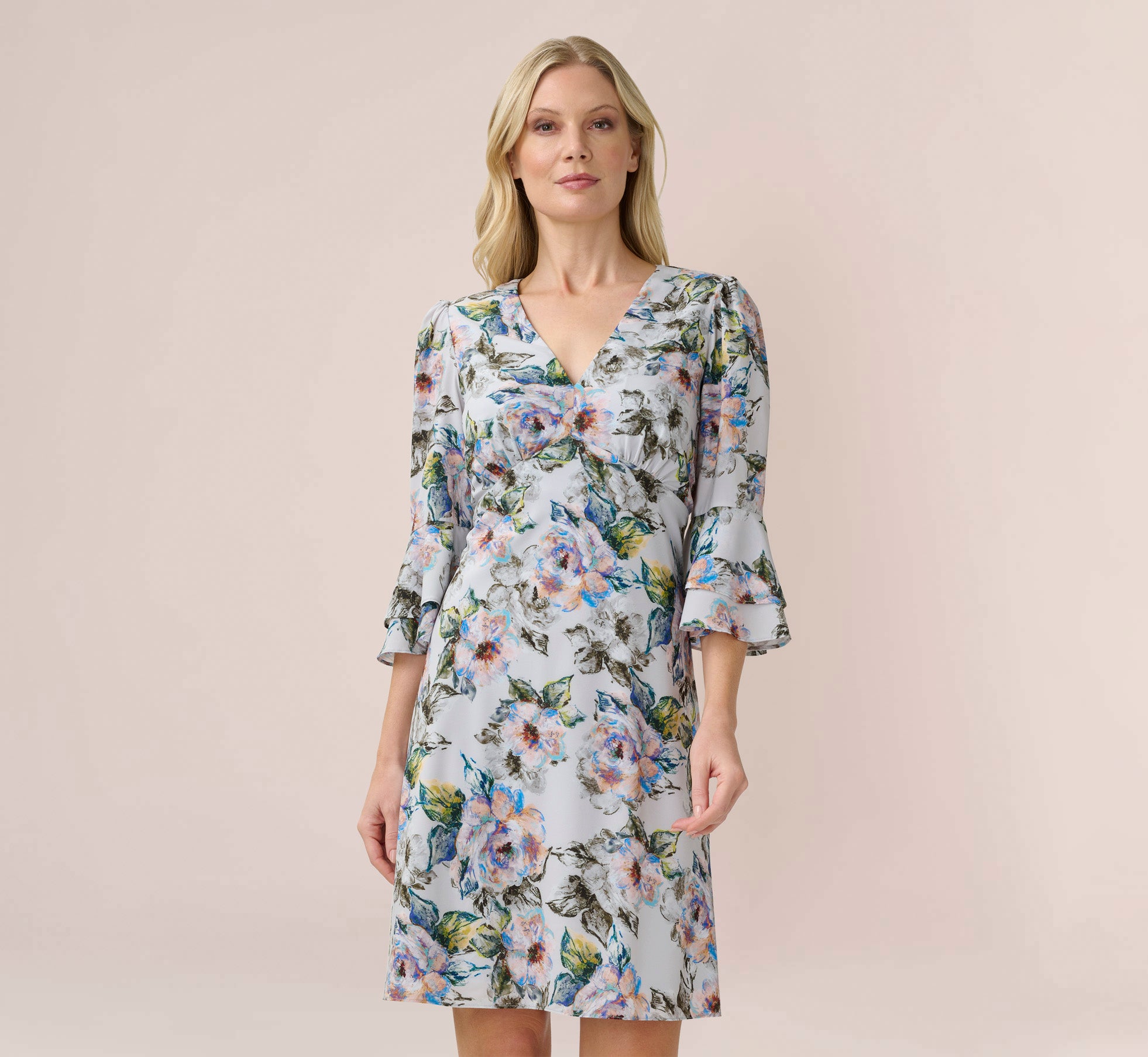 Floral Print Stretch Chiffon Short Fit And Flare Dress In Grey