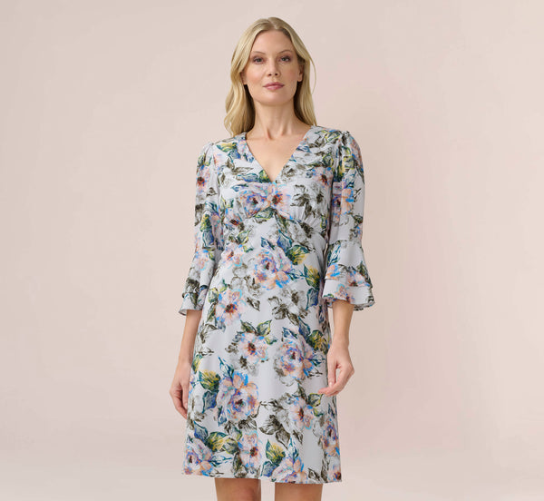 Floral Print Stretch Chiffon Short Fit And Flare Dress In Grey