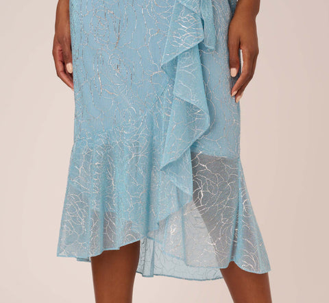 Floral Metallic Stencil Midi-Length Mermaid Dress With Capelet In Light Blue