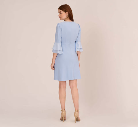 Satin Crepe Short Fit-And-Flare Dress With Tiered Bell Sleeves In Elegant Sky