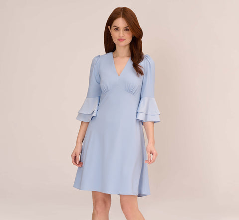 Satin Crepe Short Fit-And-Flare Dress With Tiered Bell Sleeves In Elegant Sky