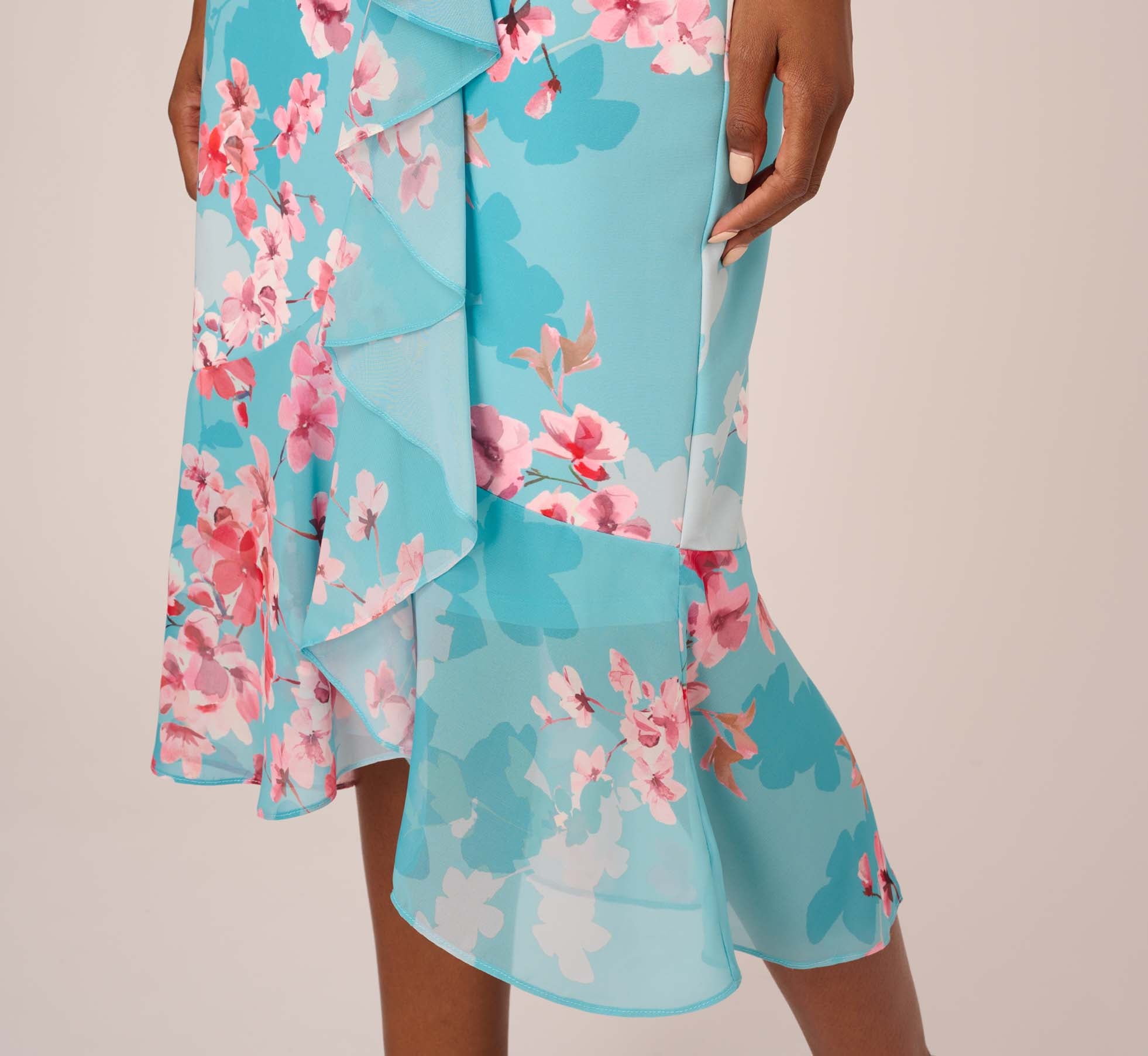 Floral Print Chiffon And Stretch Twill Midi-Length Mermaid Dress