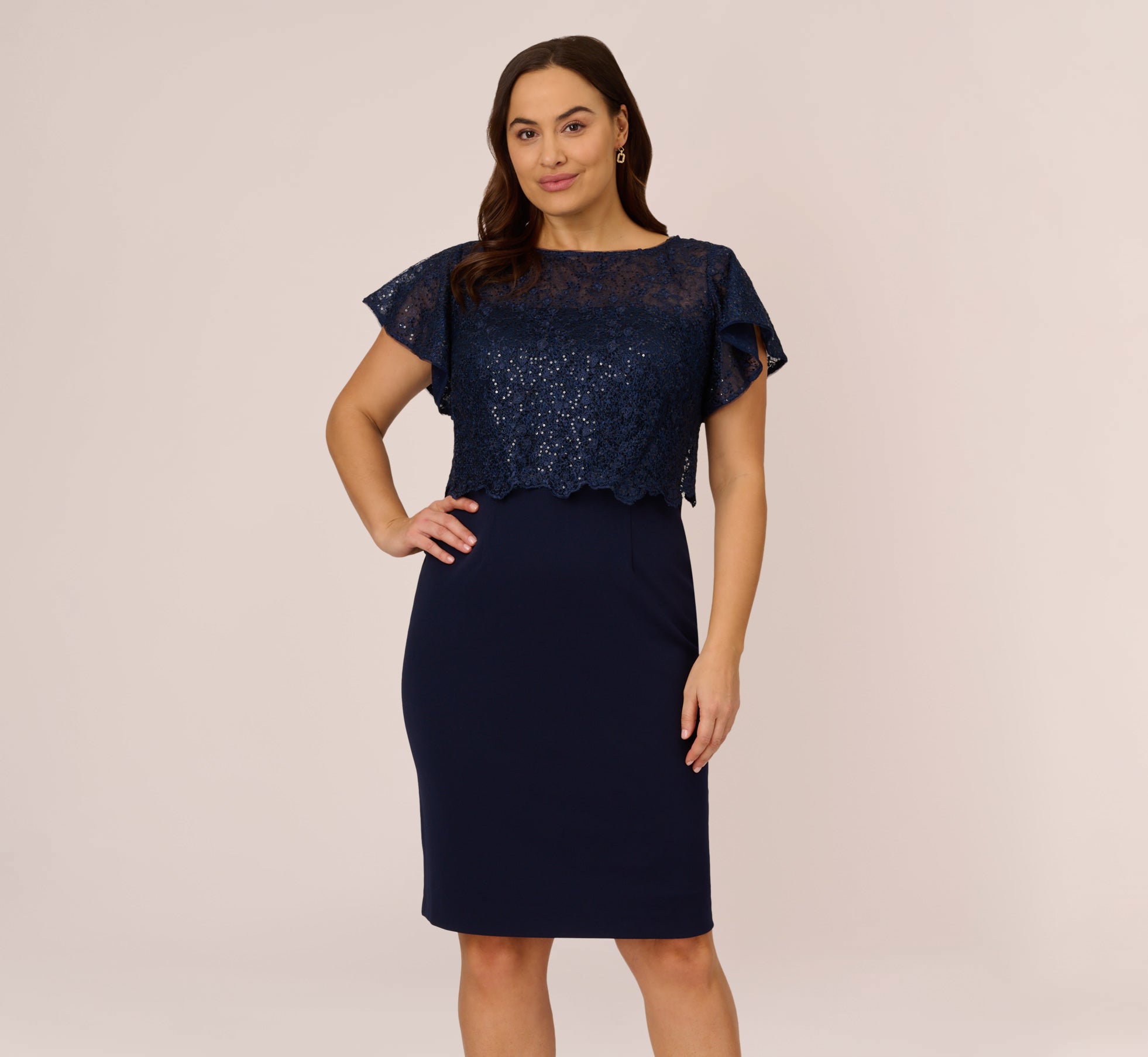 Plus Size Sequined Guipure Lace Popover Stretch Knit Crepe Short