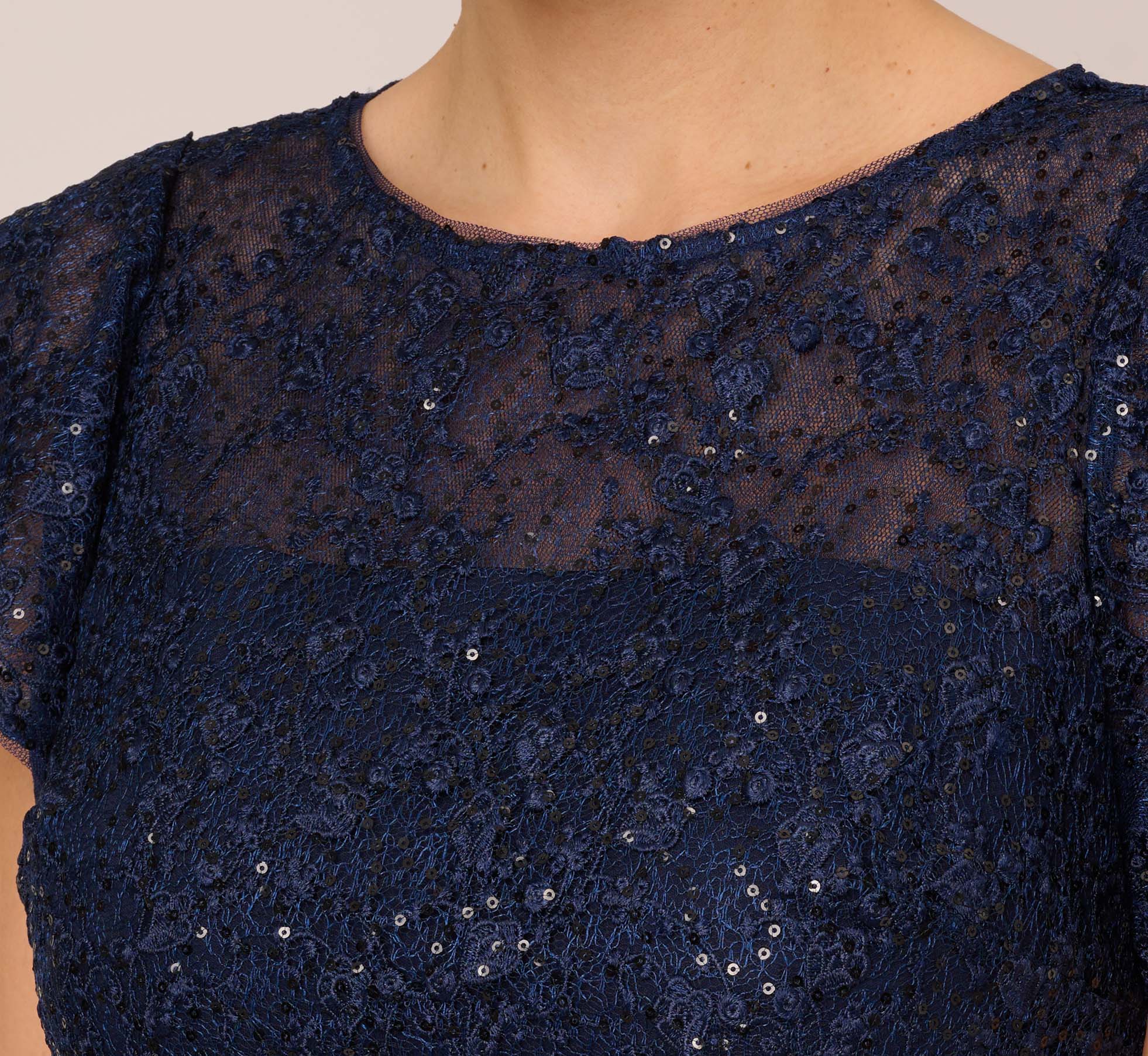 Sequined Guipure Lace Popover Stretch Knit Crepe Short Sheath