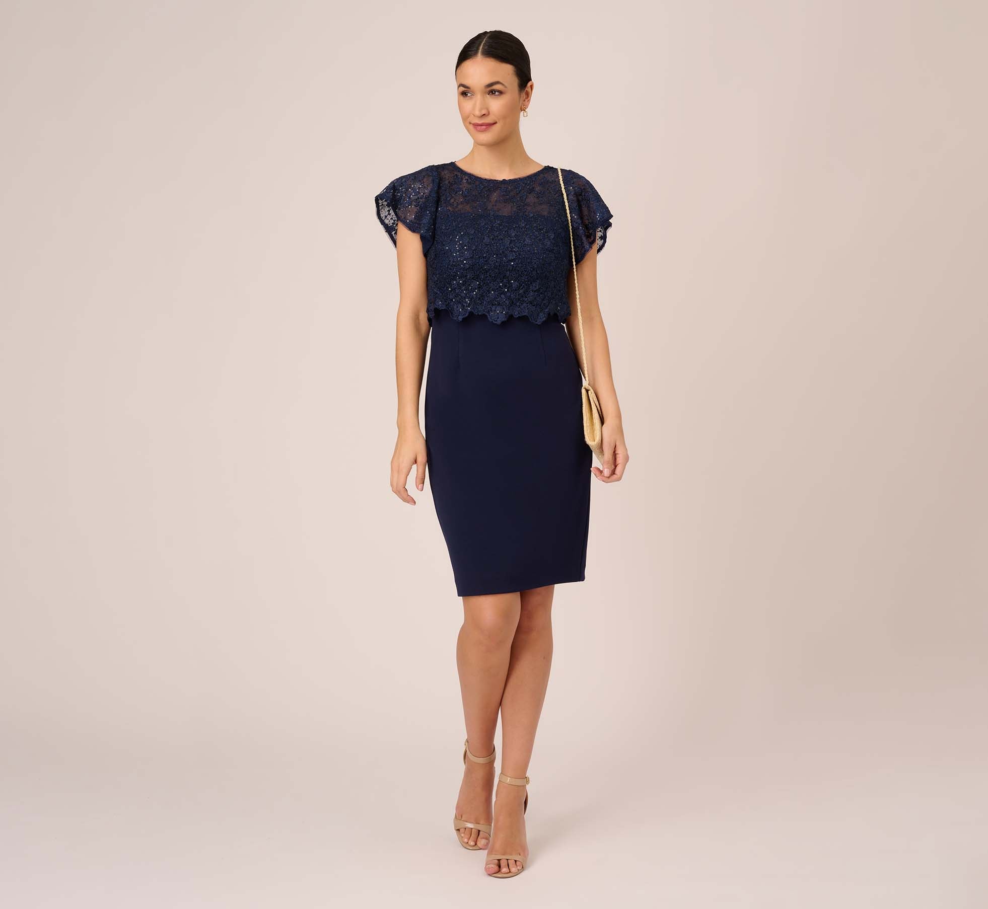 sequin beaded cocktail dress with flutter sleeves and scallop trim