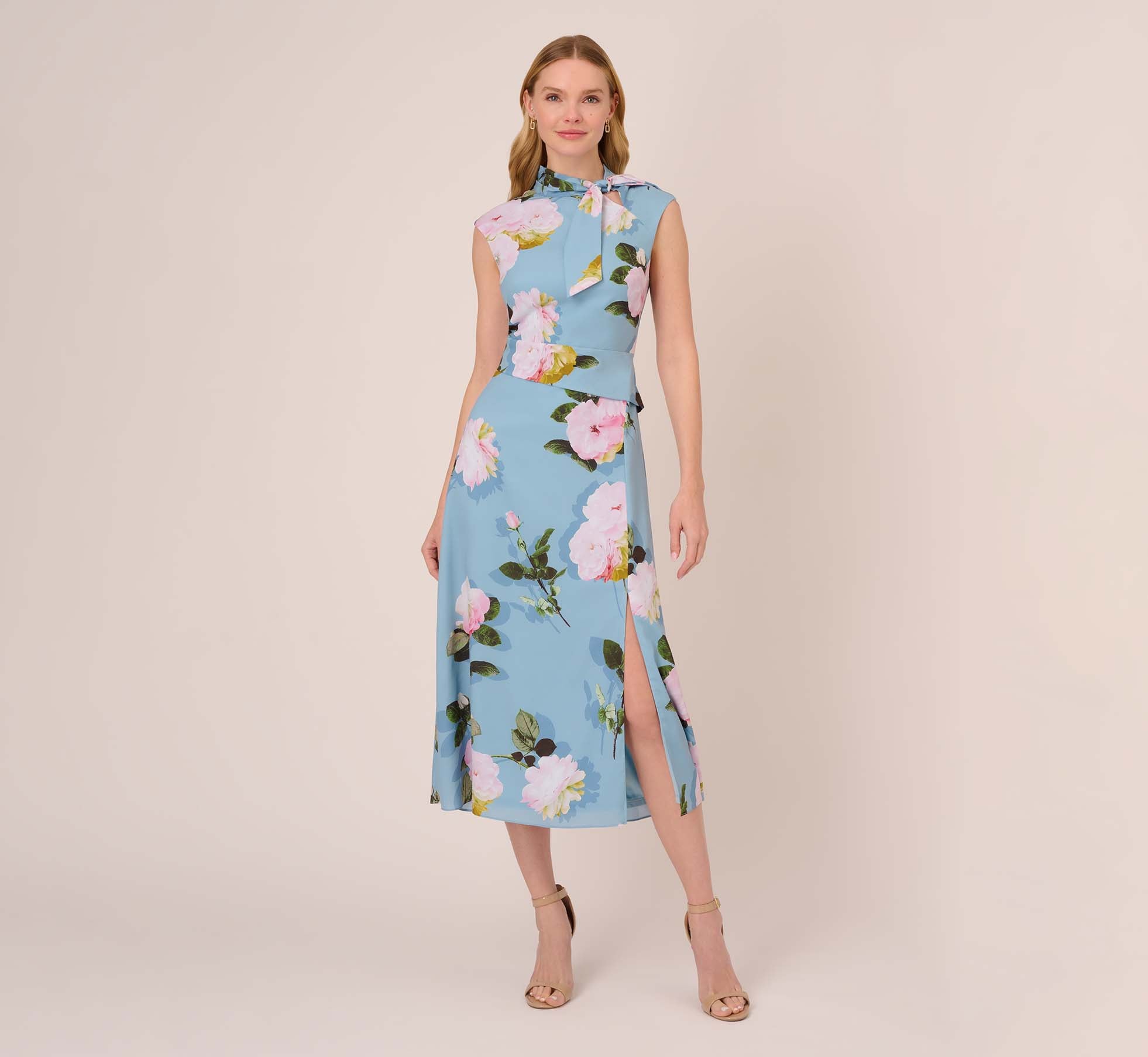 Floral Print Crepe De Chine Midi Length Dress In Blue Multi