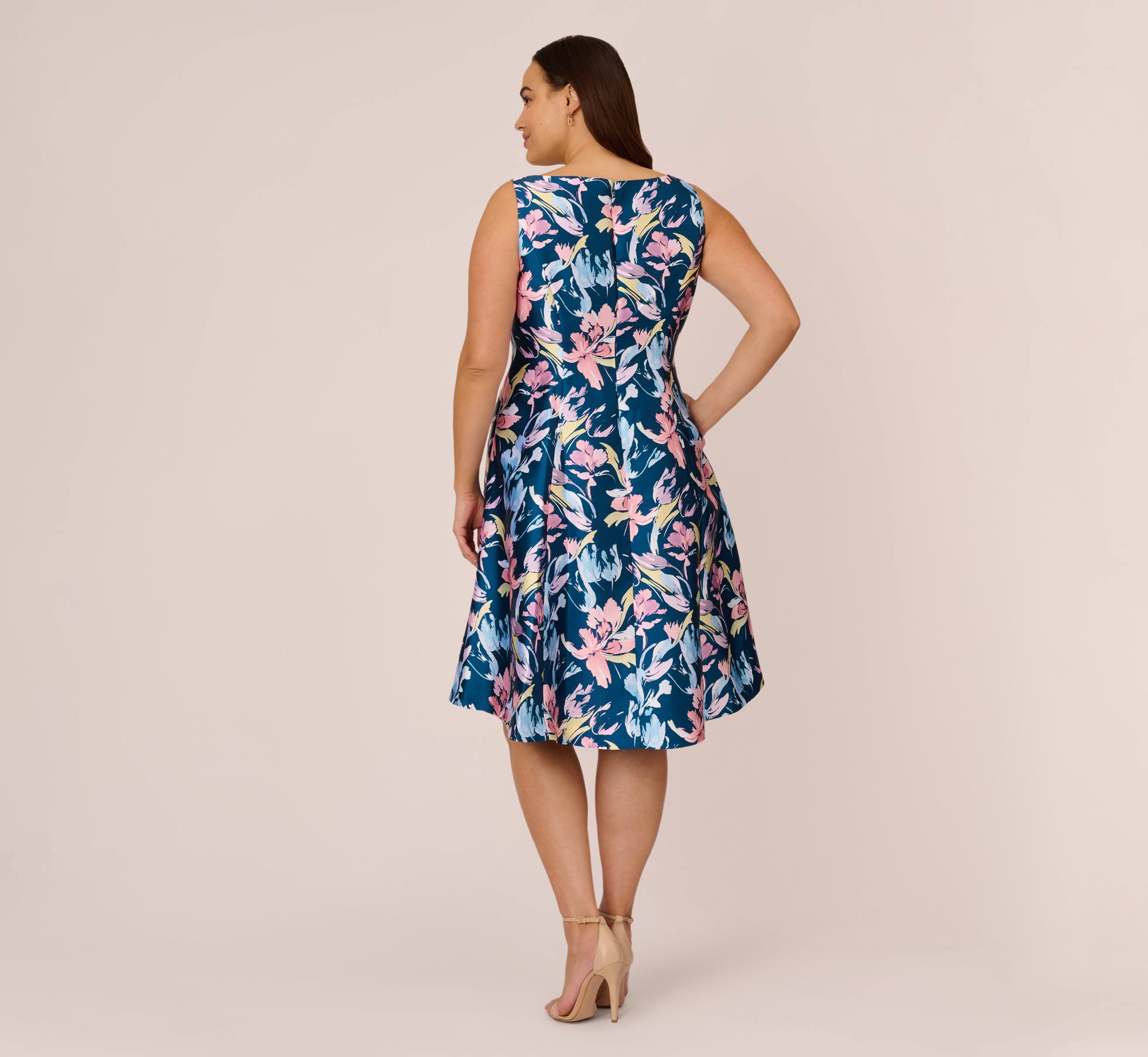 Plus Size Floral Print Mikado Short High Low Fit And Flare Dress