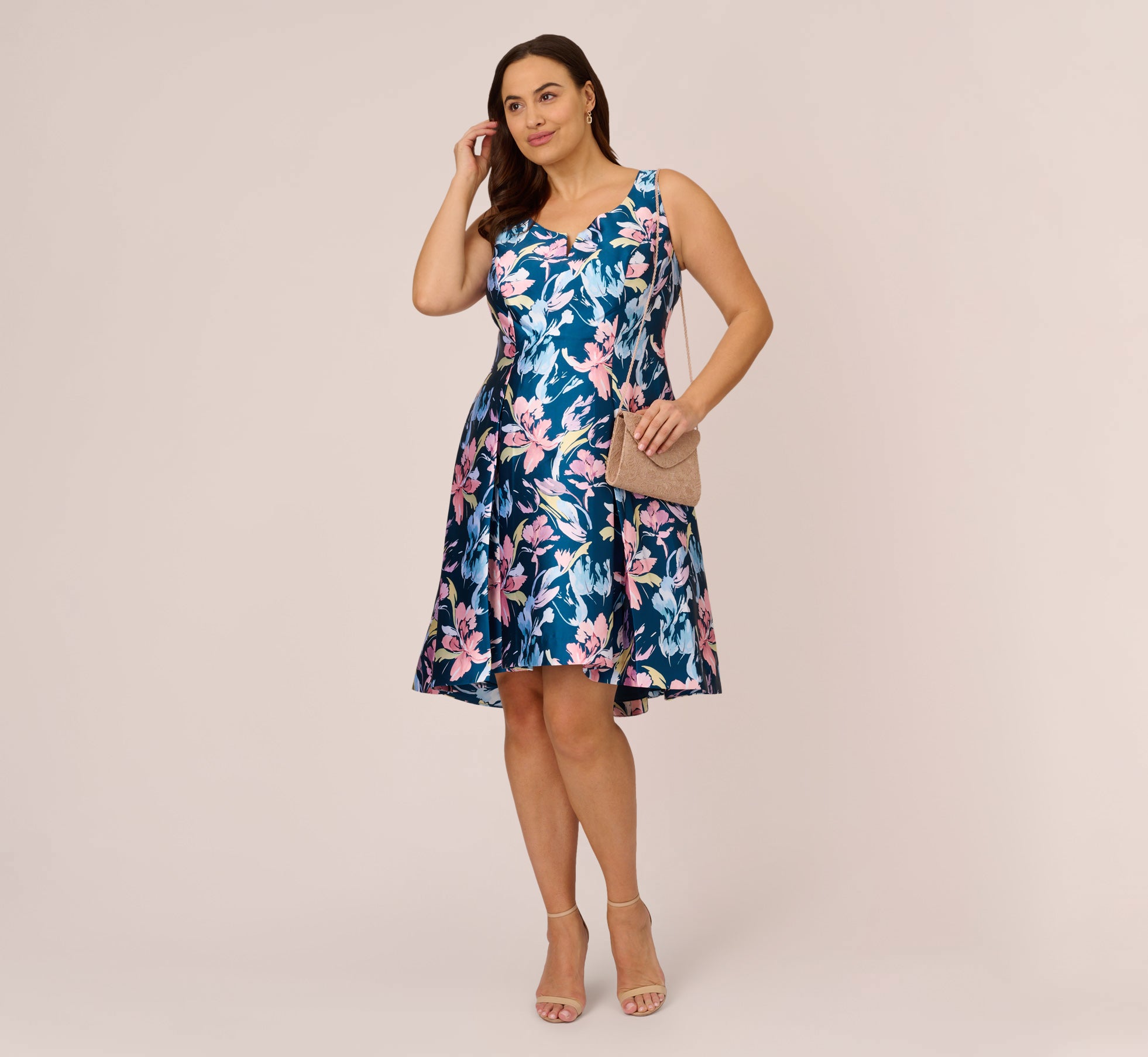 Plus Size Floral Print Mikado Short High Low Fit And Flare Dress In