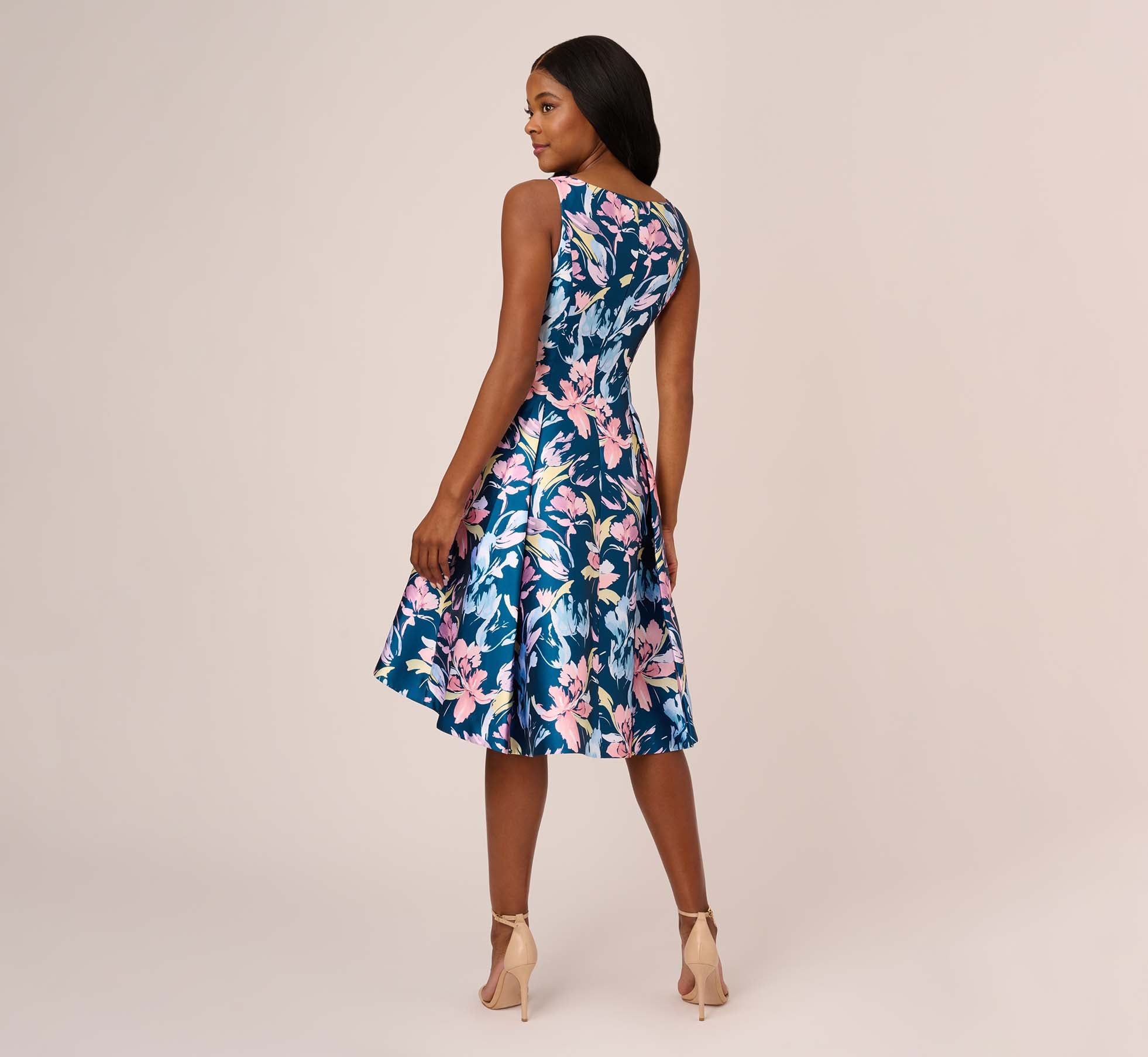 Floral Print Mikado Short High Low Fit And Flare Dress In Navy