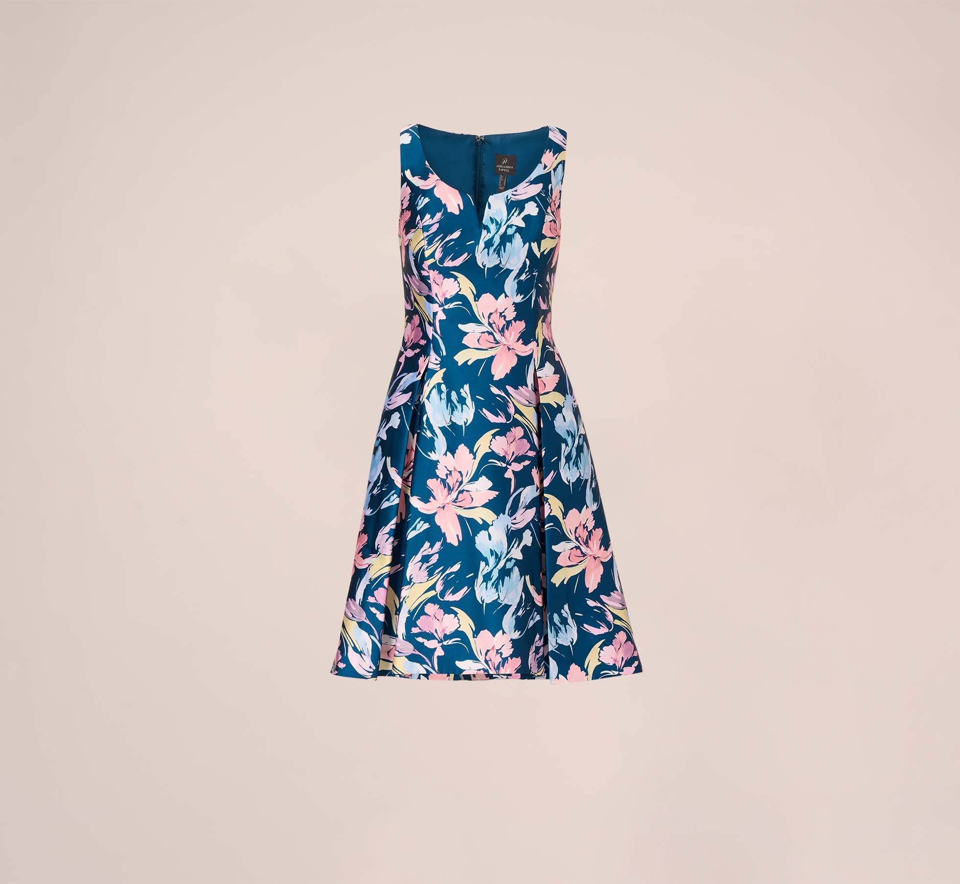 Floral Print Mikado Short High Low Fit And Flare Dress In Navy