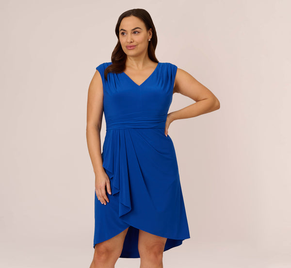 Plus Size Stretch Matte Jersey Draped Asymmetrical Short Dress In