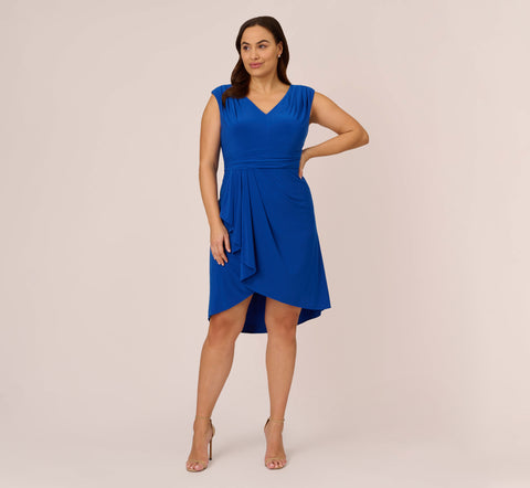 Plus Size Stretch Matte Jersey Draped Asymmetrical Short Dress In Rich Royal