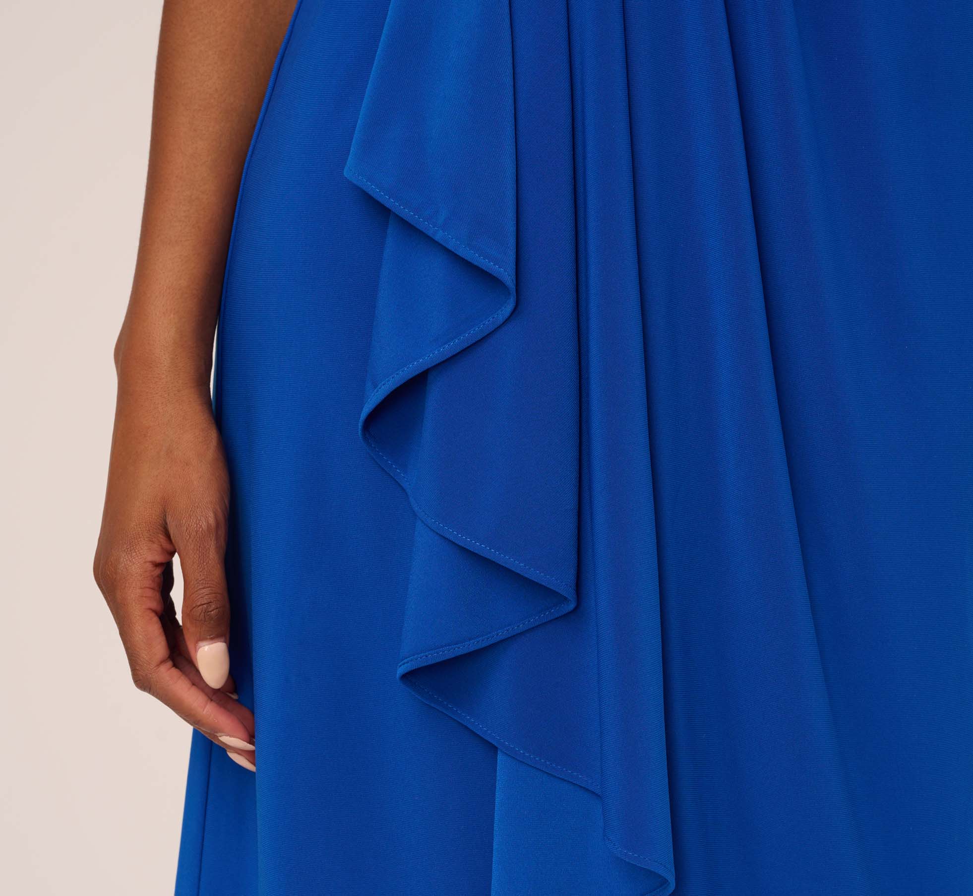 Stretch Matte Jersey Draped Asymmetrical Short Dress In Rich Royal