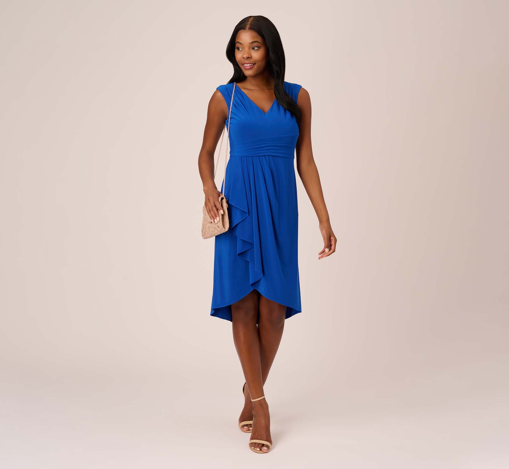 Stretch Matte Jersey Draped Asymmetrical Short Dress In Rich