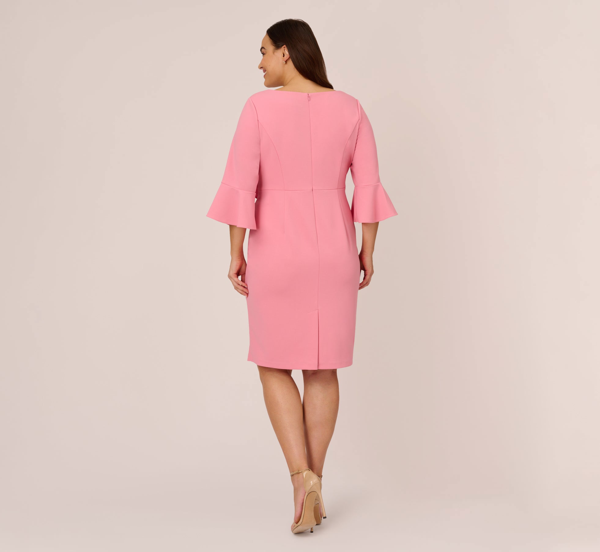 Plus Size Stretch Knit Crepe Tie Front Midi Length Sheath Dress In