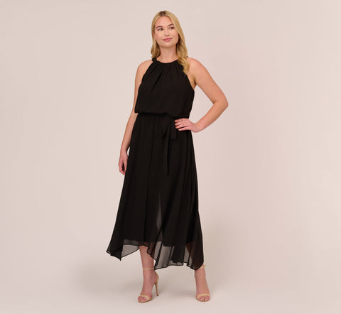 Plus Size Halter Jumpsuit With Chiffon Overlay Skirt In Black