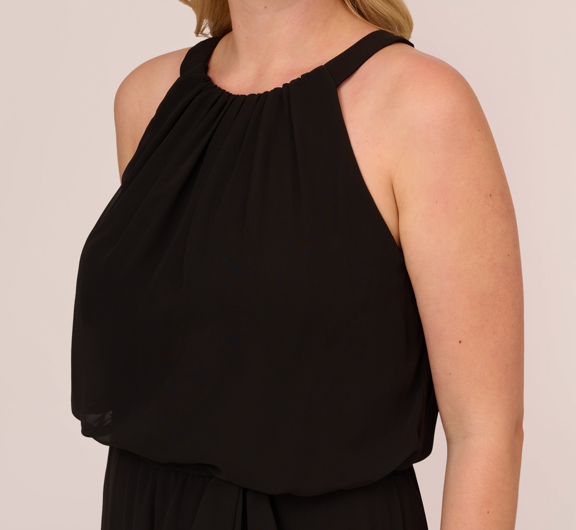 Plus Size Halter Jumpsuit With Chiffon Overlay Skirt In Black