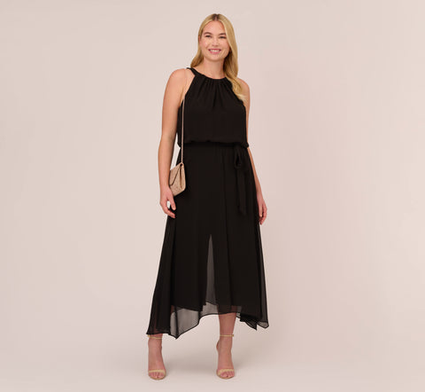 Plus Size Halter Jumpsuit With Chiffon Overlay Skirt In Black