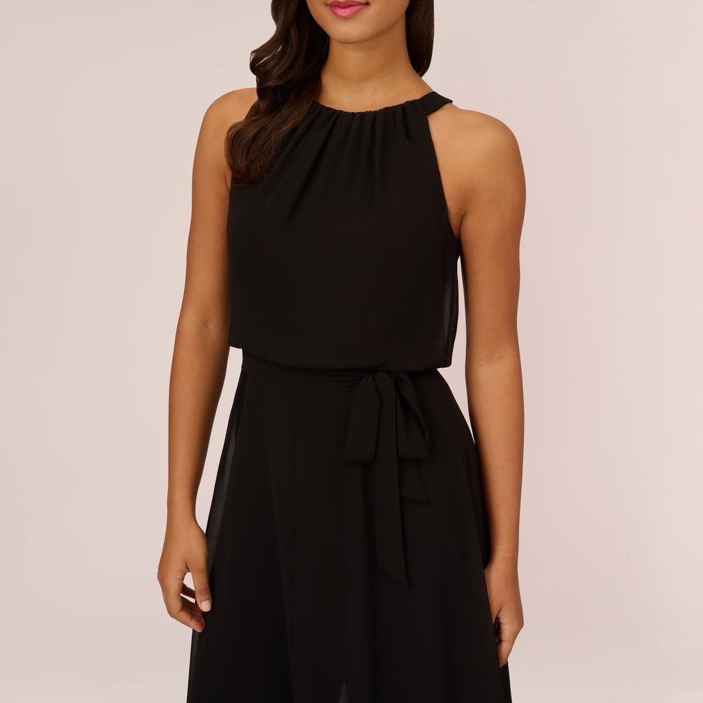 Halter Jumpsuit With Chiffon Overlay Skirt In Black