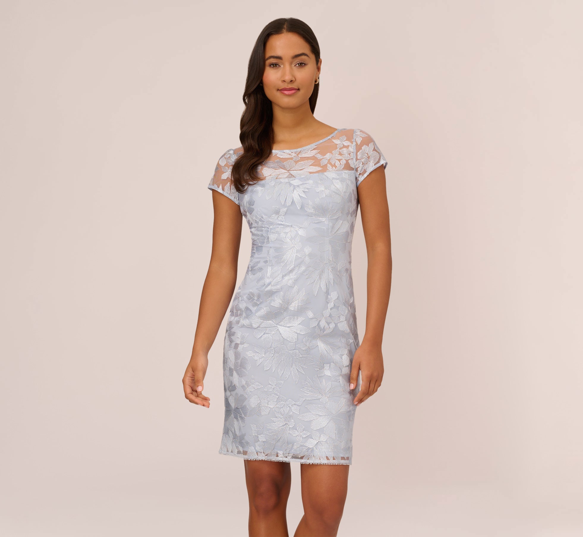 Floral Embroidered Sheath Dress With Short Sleeves In Blue Breeze