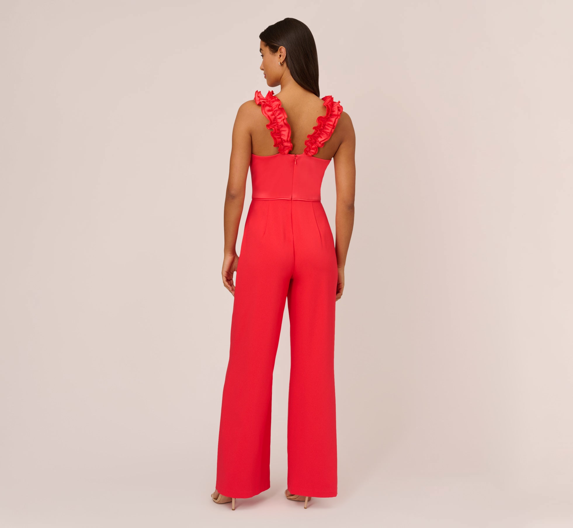 Satin Crepe Jumpsuit With Ruffled Shoulders In Calypso Coral