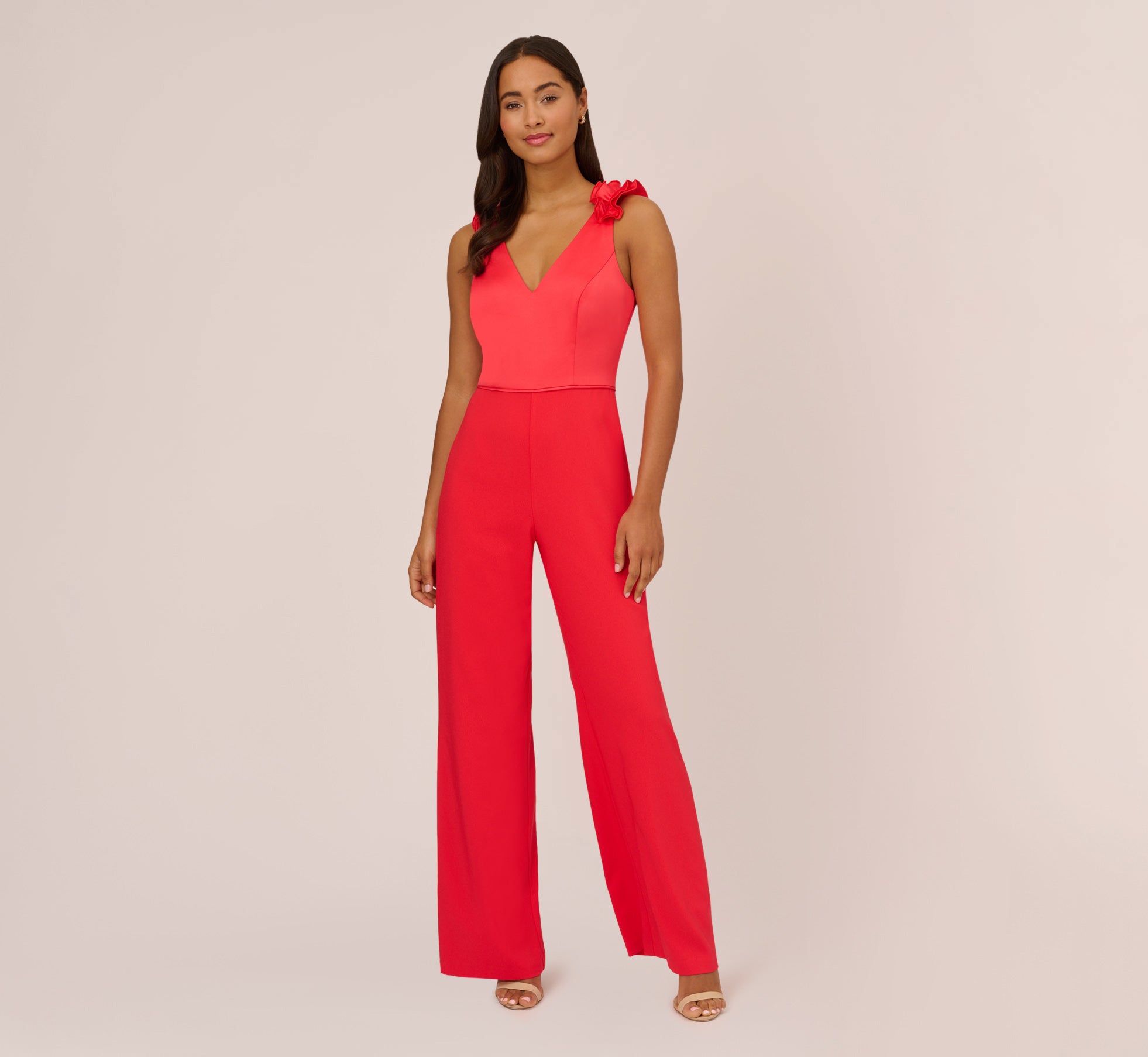 Satin Crepe Jumpsuit With Ruffled Shoulders In Calypso Coral