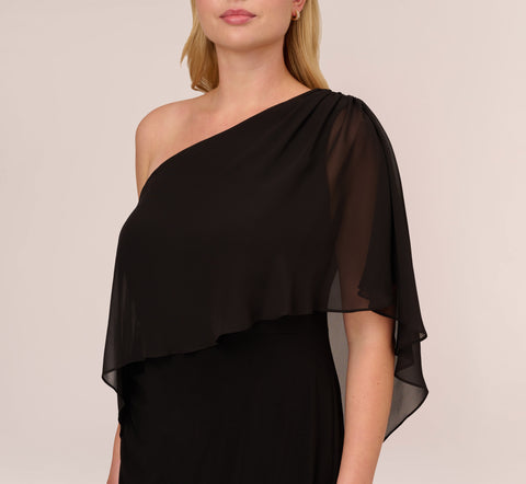 Plus Size One Shoulder Dress With Chiffon Cape In Black