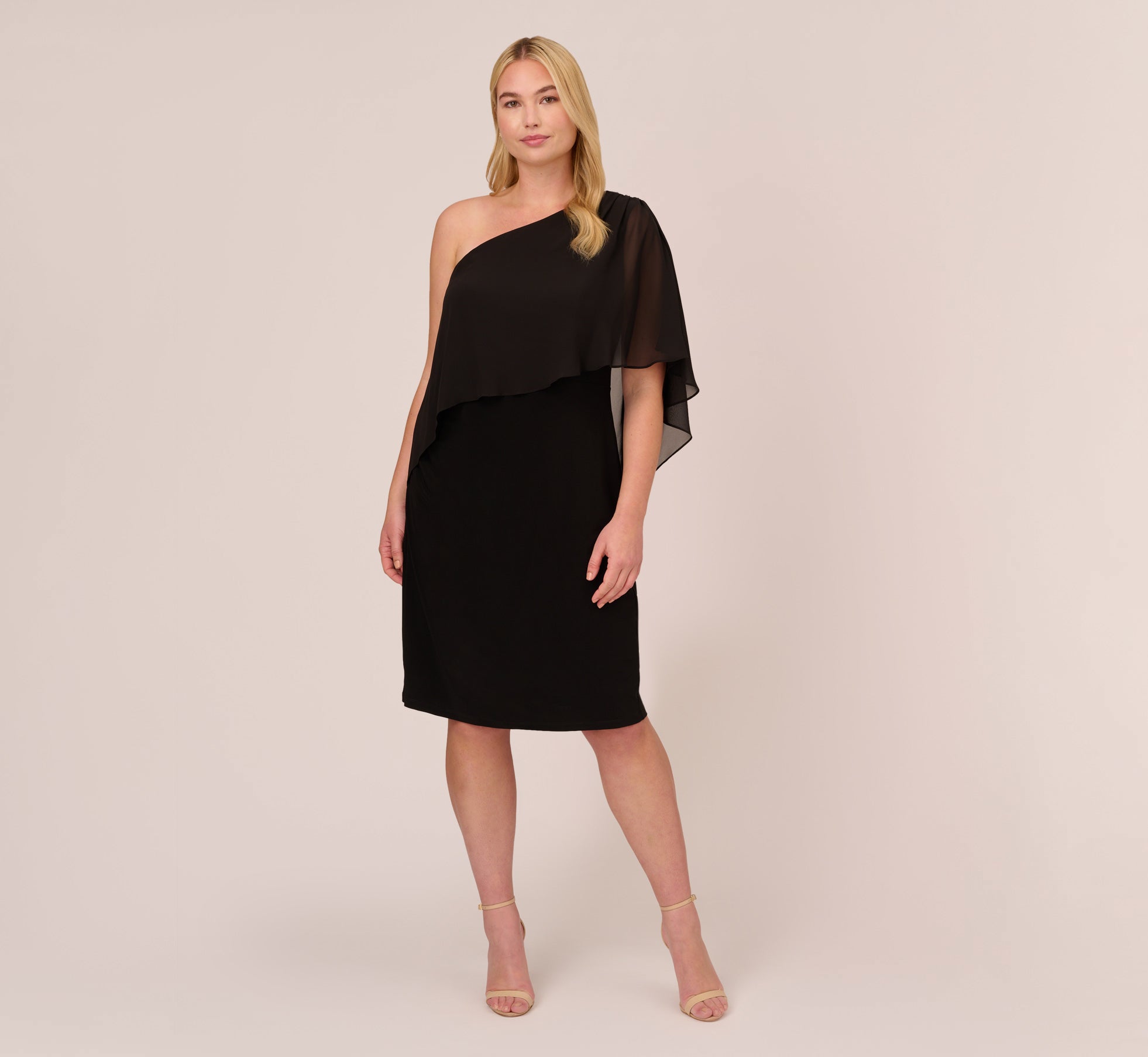 Plus Size One Shoulder Dress With Chiffon Cape In Black | Adrianna