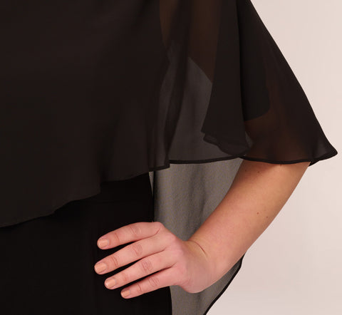 Plus Size One Shoulder Dress With Chiffon Cape In Black