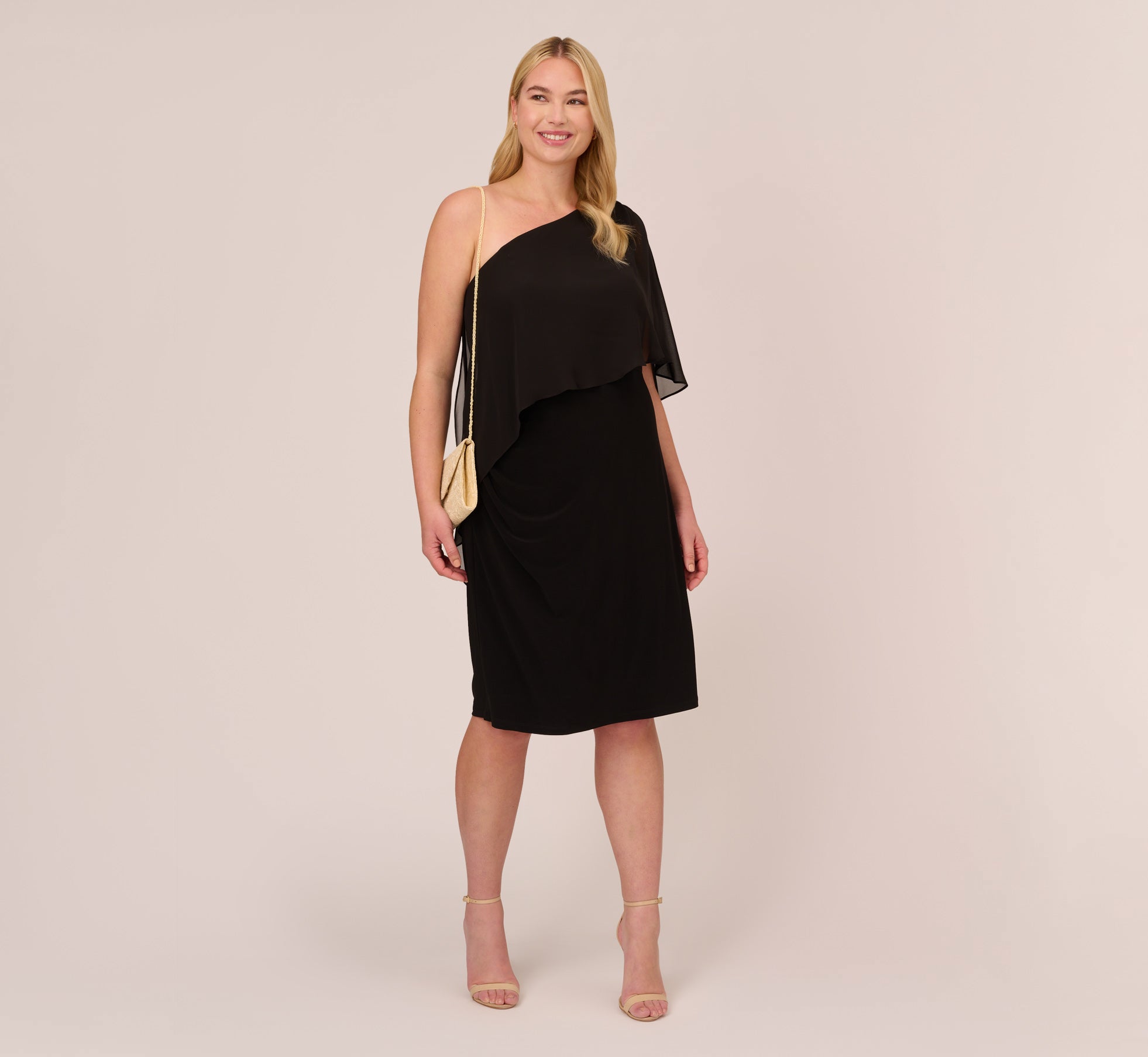 Plus Size One Shoulder Dress With Chiffon Cape In Black Adrianna