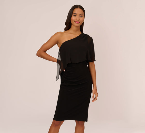 One Shoulder Dress With Chiffon Cape In Black | Adrianna Papell