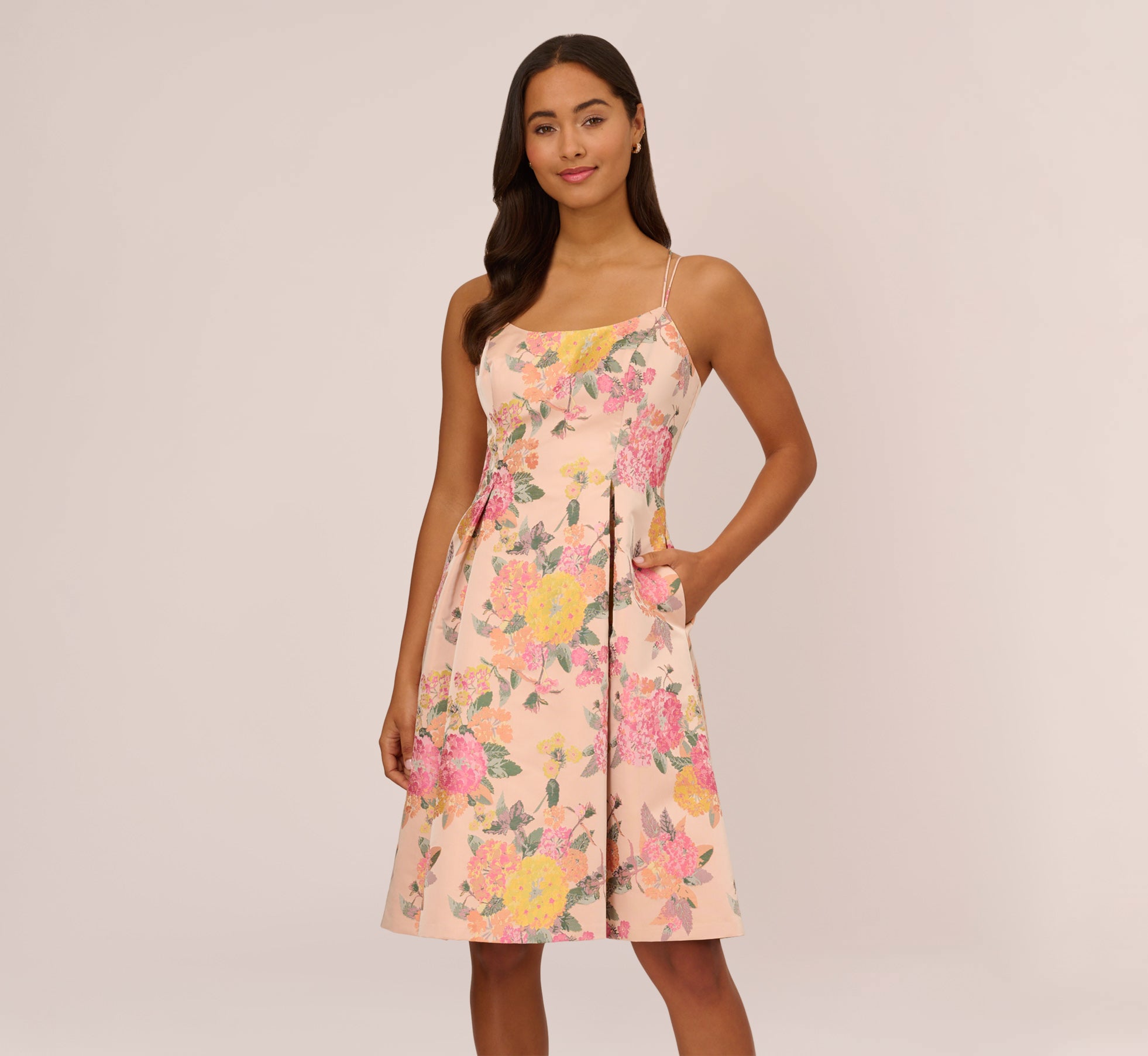 Floral Jacquard Dress With Pleated Details In Rose Multi