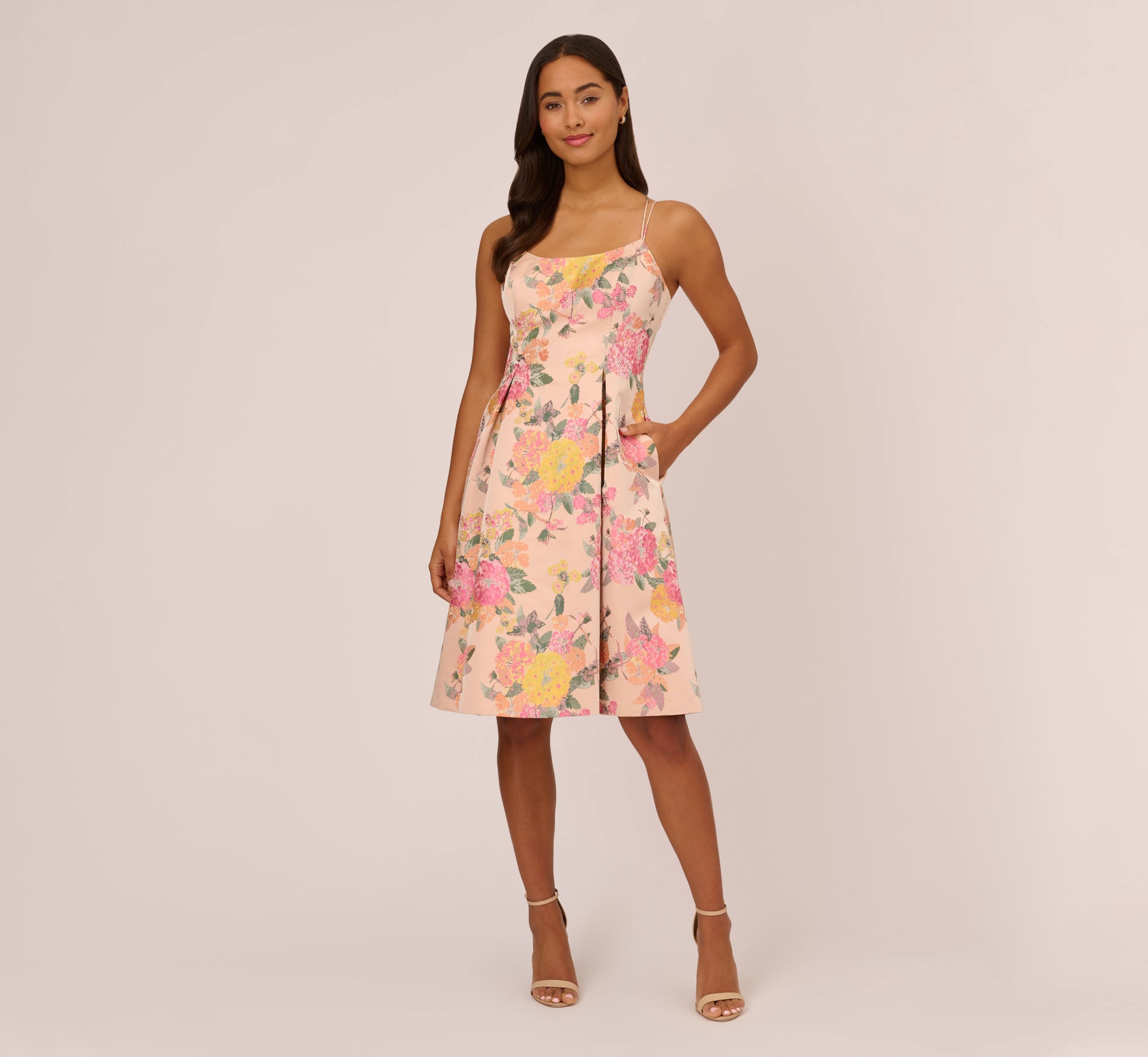 Floral Jacquard Dress With Pleated Details In Rose Multi