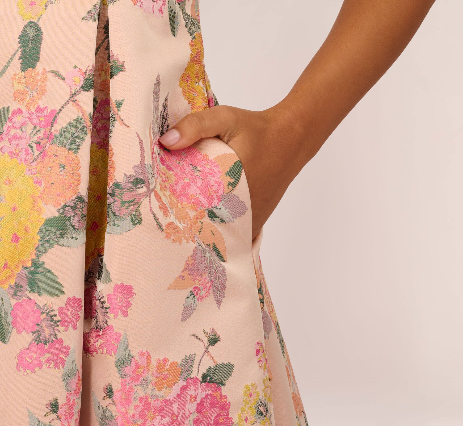 Floral Jacquard Dress With Pleated Details In Rose Multi