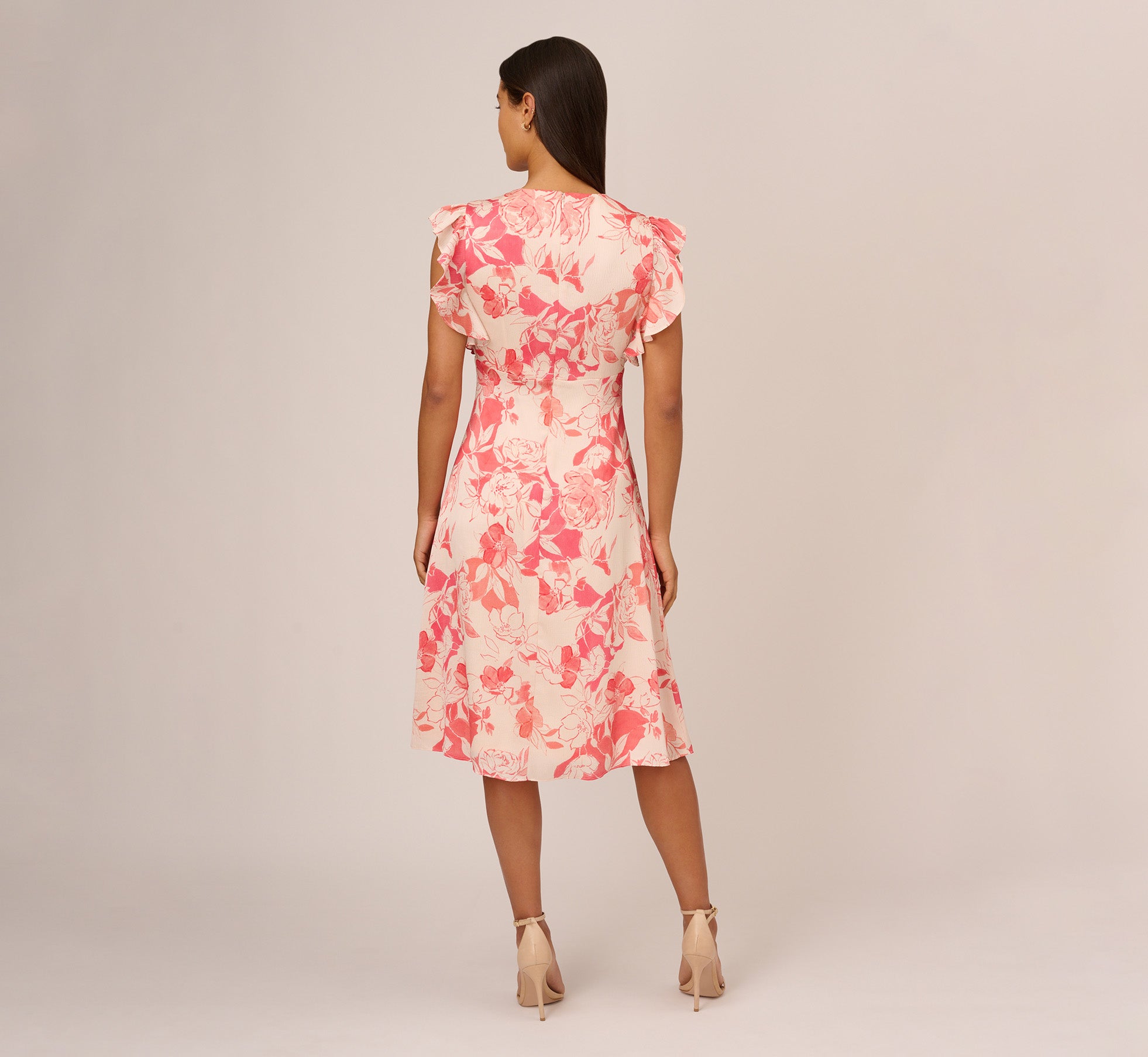 Floral Printed Midi Dress With Flutter Sleeves In Coral Ecru