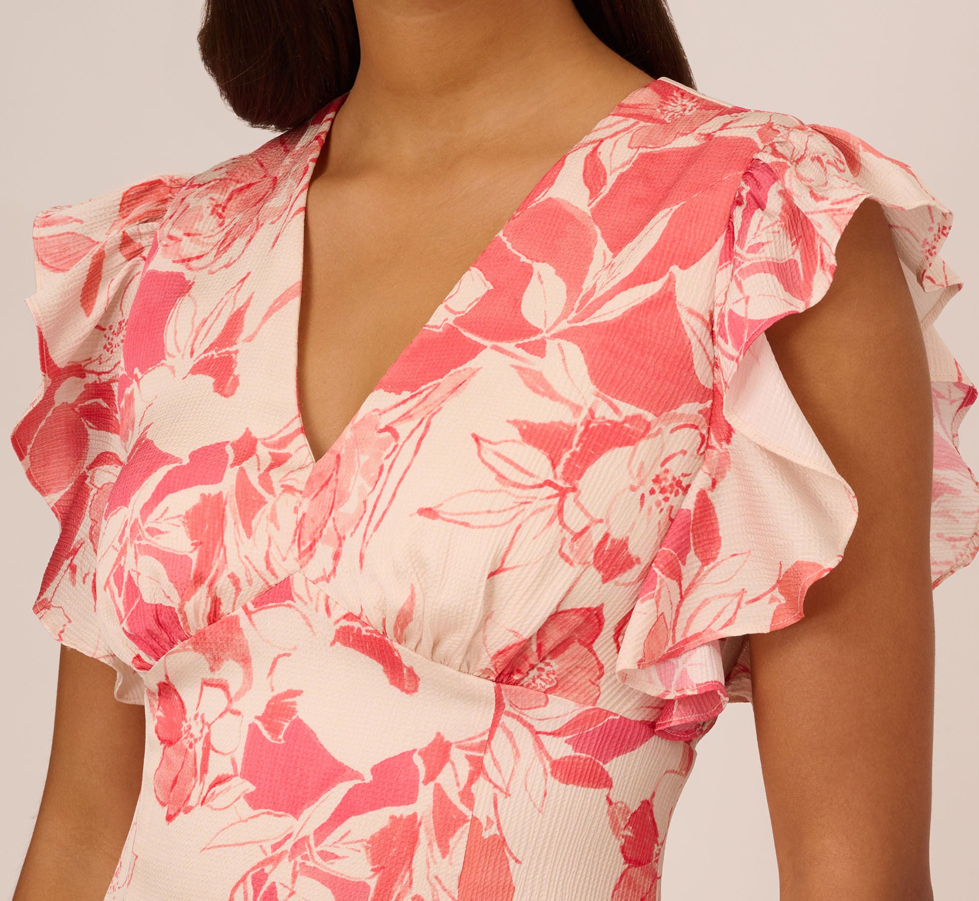 Floral Printed Midi Dress With Flutter Sleeves In Coral Ecru