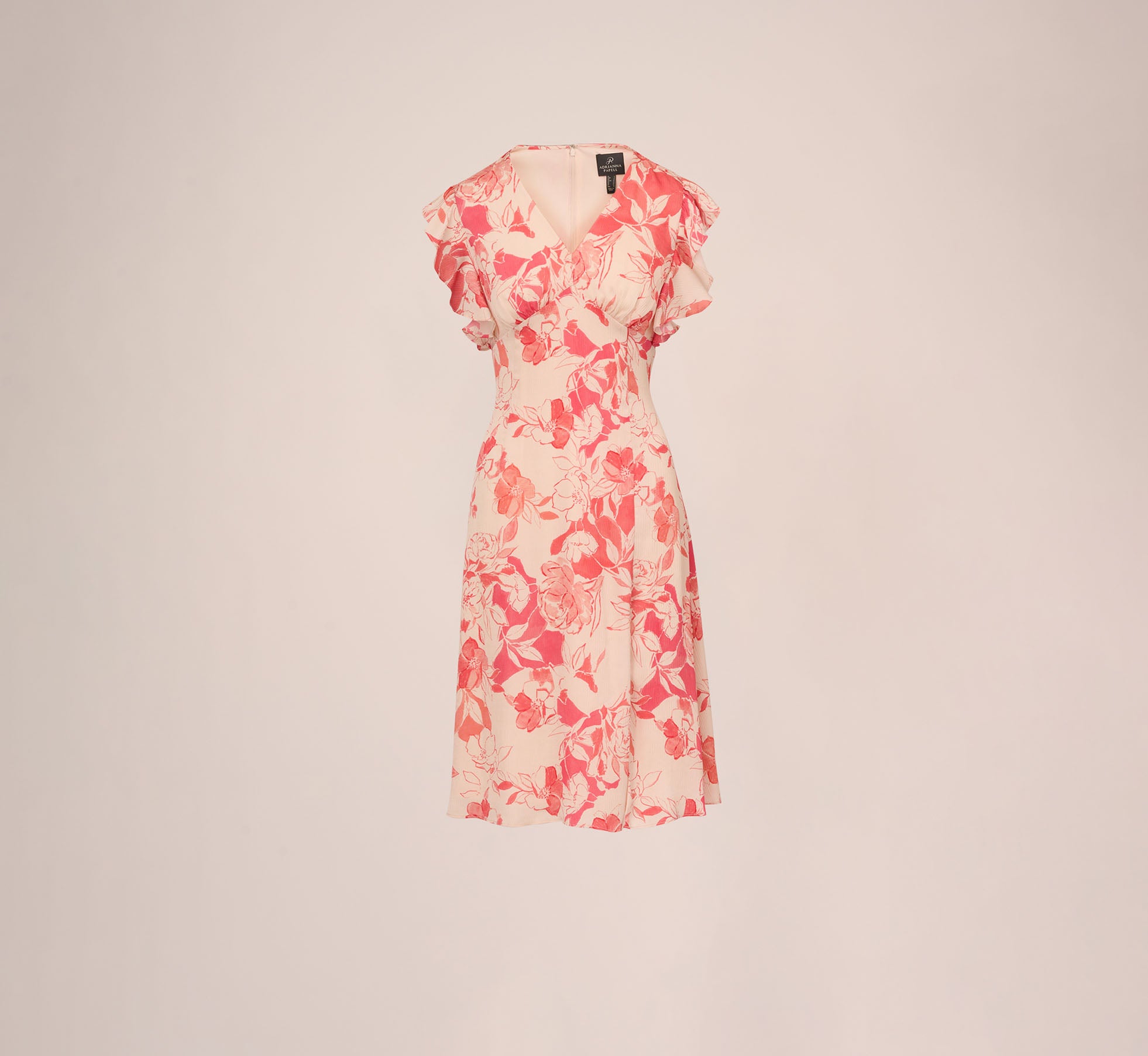 Floral Printed Midi Dress With Flutter Sleeves In Coral Ecru