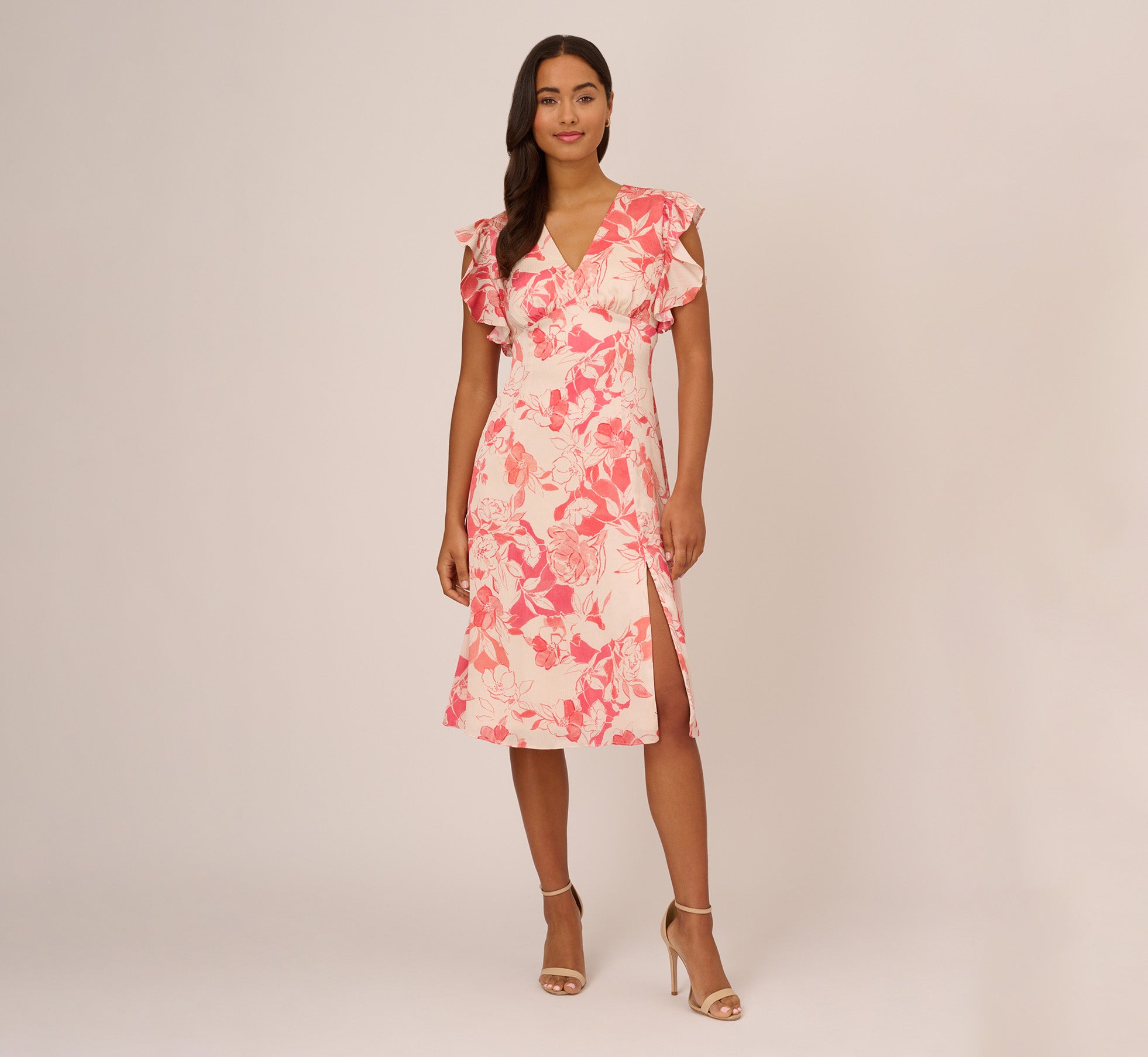 Floral Printed Midi Dress With Flutter Sleeves In Coral Ecru