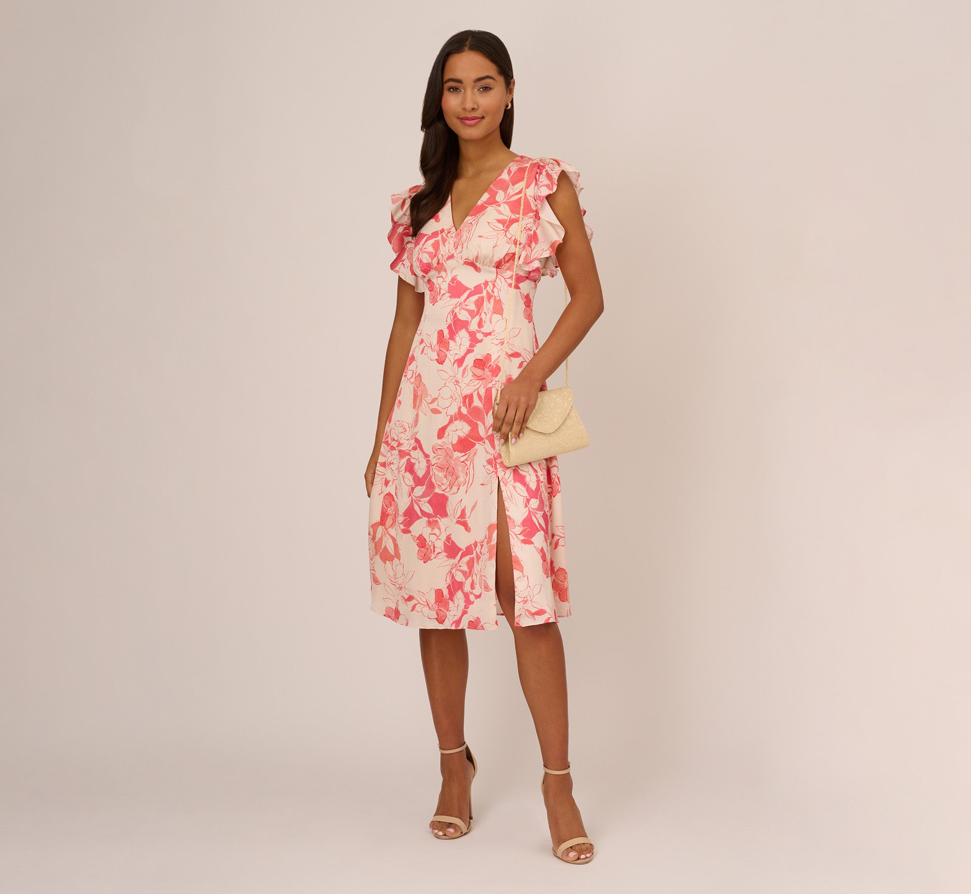 Floral Printed Midi Dress With Flutter Sleeves In Coral Ecru