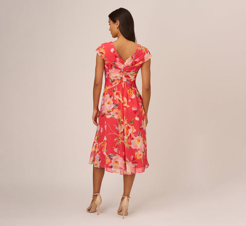 Floral Print Midi Dress With Twist Neckline In Coral Multi