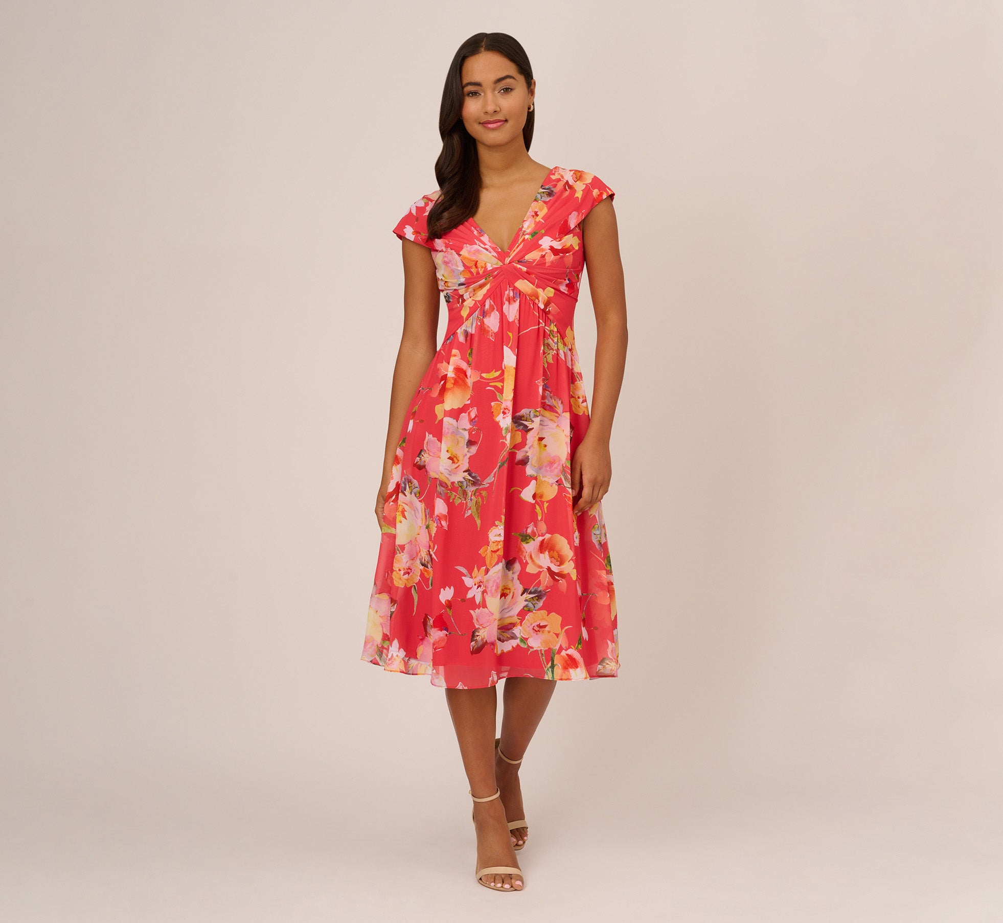 Floral Print Midi Dress With Twist Neckline In Coral Multi Adrianna