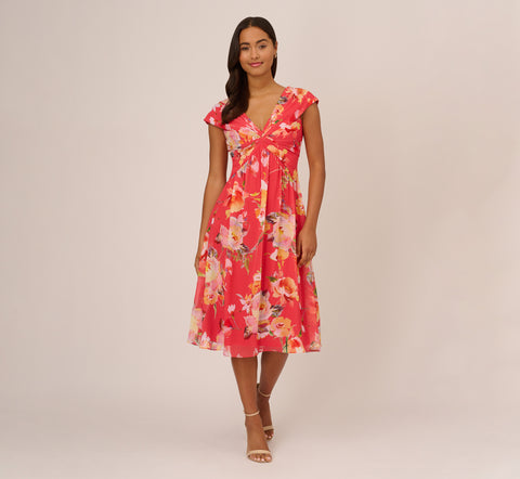 Floral Print Midi Dress With Twist Neckline In Coral Multi