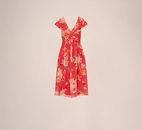 Floral Print Midi Dress With Twist Neckline In Coral Multi