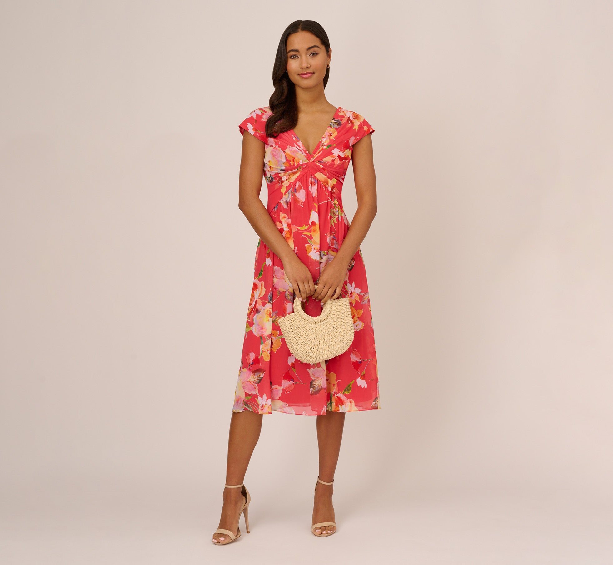 Floral Print Midi Dress With Twist Neckline In Coral Multi Adrianna