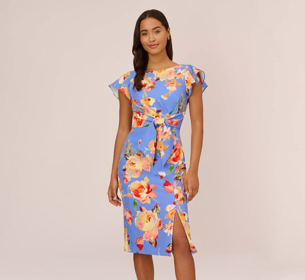Flutter Sleeve Floral Print Dress With Tie Front In Peri Multi