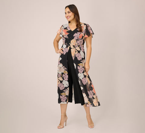 Plus Size Floral-Print Chiffon And Jersey Cropped Jumpsuit In Black Multi