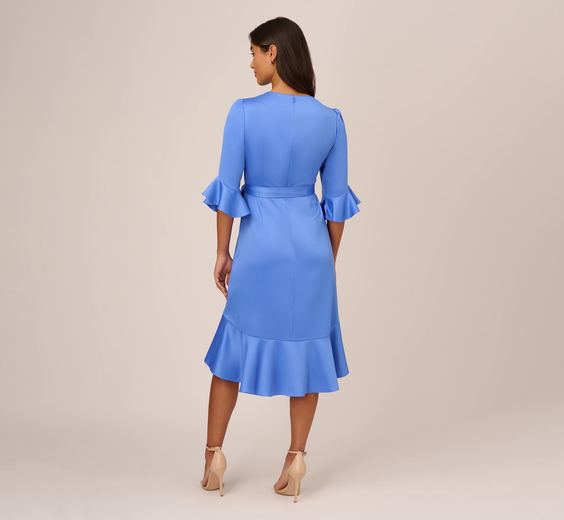 Satin Faux Wrap Dress With Ruffled Three-Quarter Sleeves In